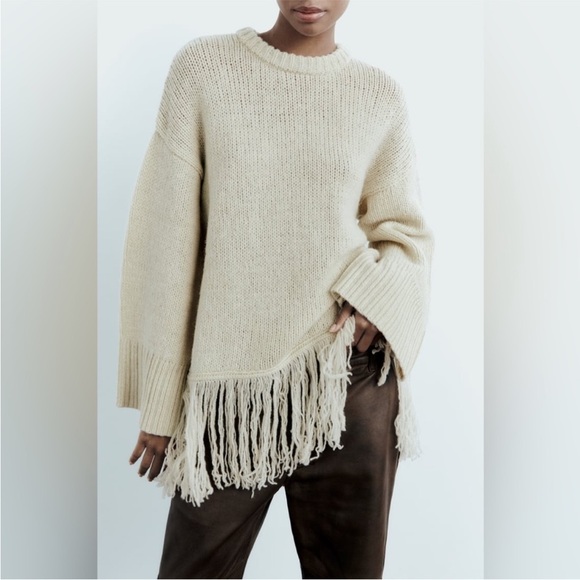 Zara 100% Wool Cream Fringe Hem Sweater - Picture 2 of 12